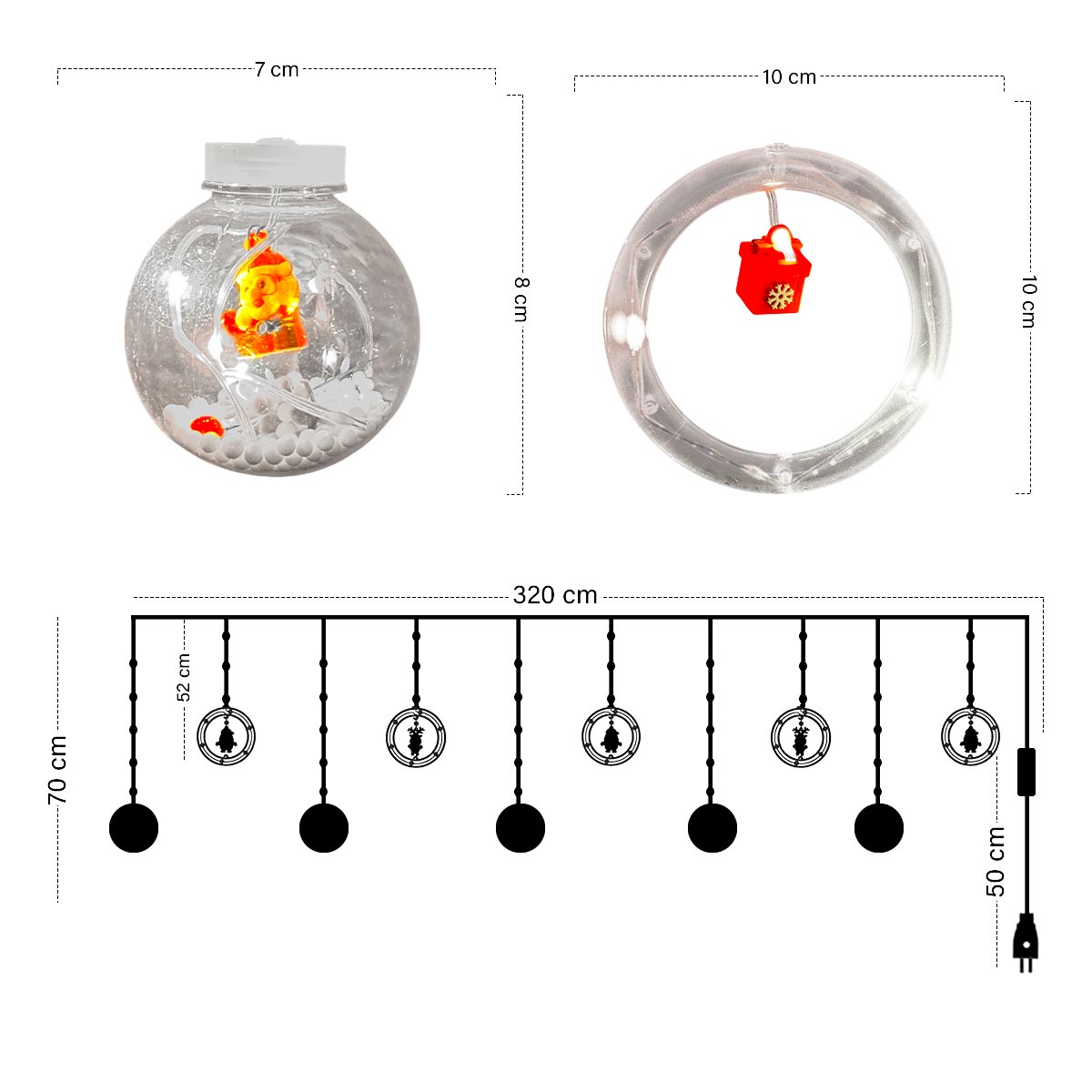 Cortina Intercalada Aros y Esferas 3,7M Luces Led Navidad 1650A