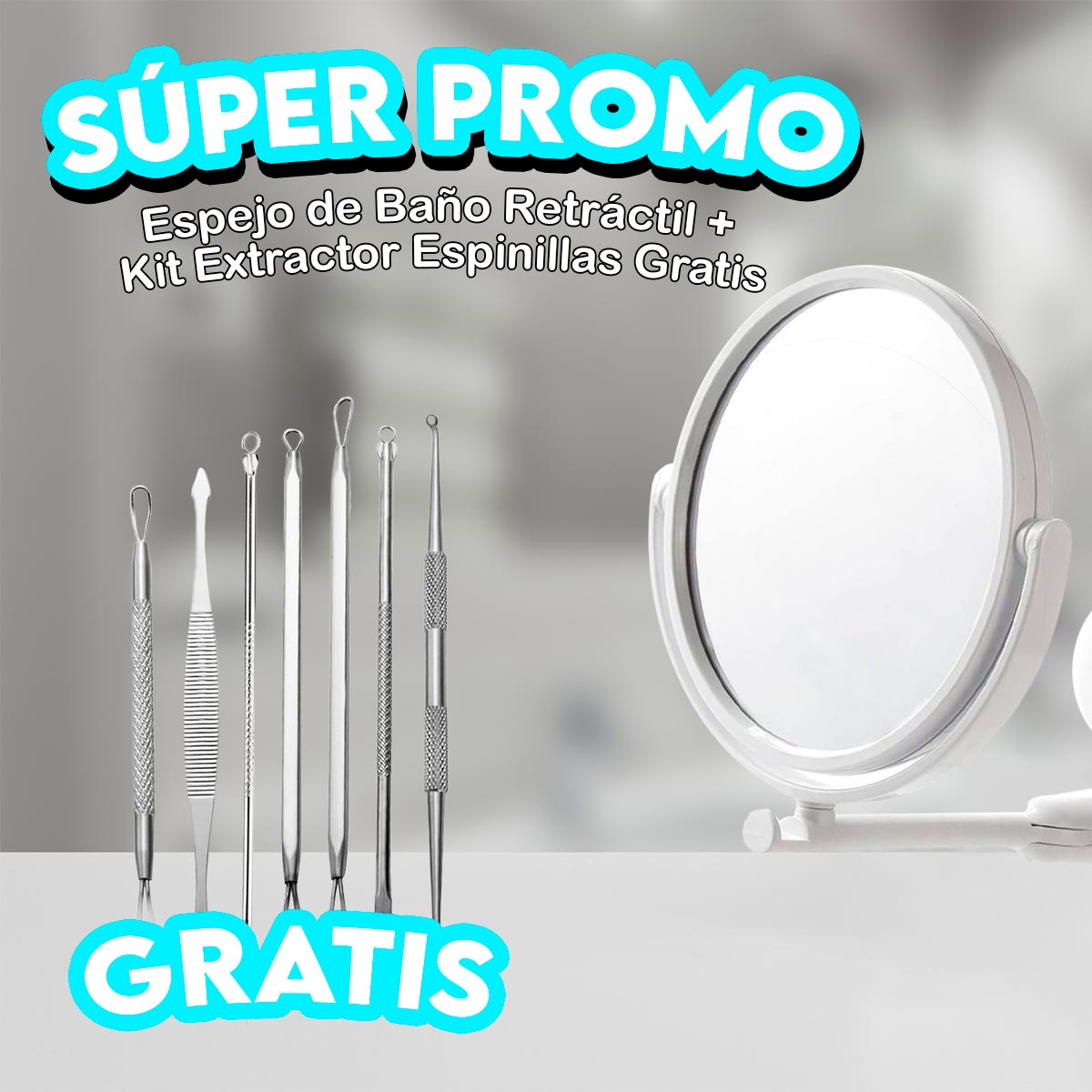 Espejo de Baño Retráctil Circular + Gratis Kit Extractor Espinillas x7 CFAT09