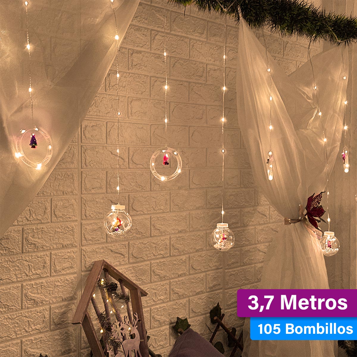 Cortina Intercalada Aros y Esferas 3,7M Luces Led Navidad 1650A