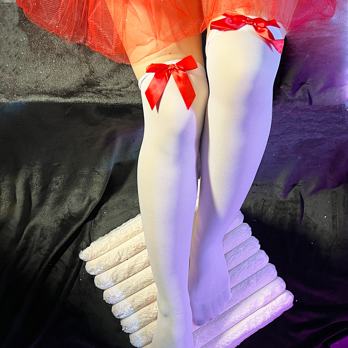 Medias Largas Blancas con Moño Rojo Disfraz Fiesta Halloween WW1012-5