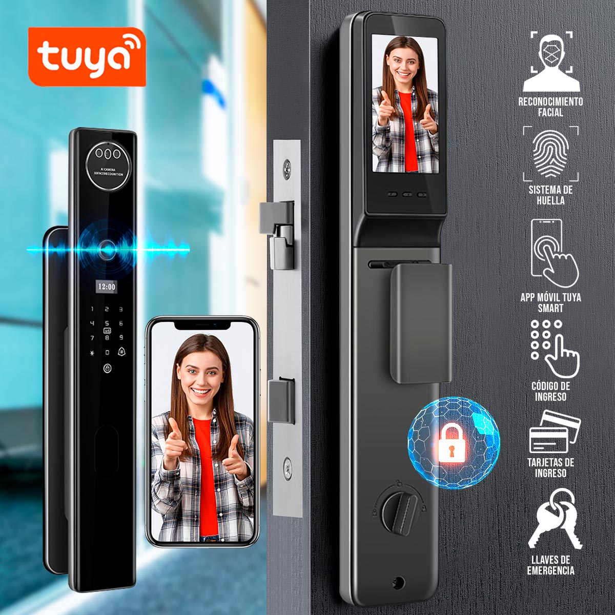 Cerradura inteligente Wi‑Fi con video portero, huella digital y acceso Tuya Smart Chapa OS513TYFA-6068