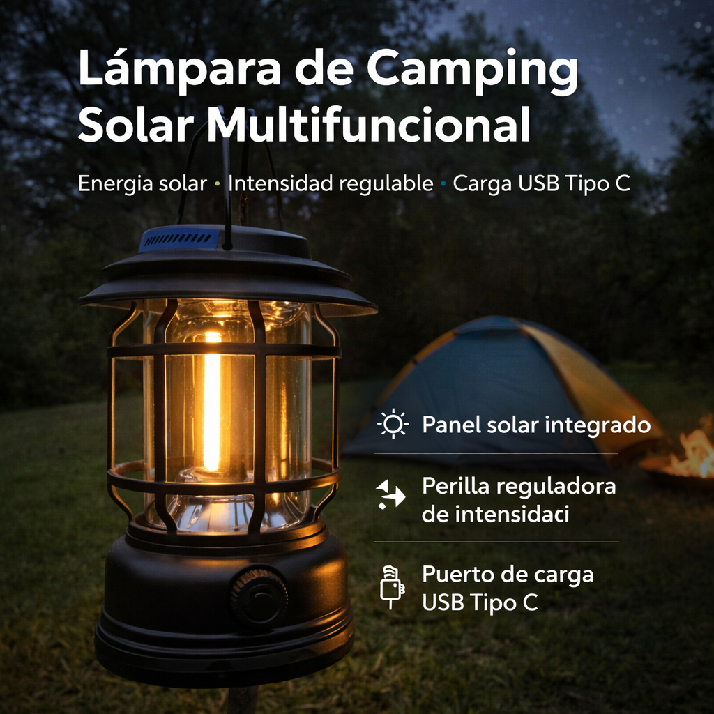 Lámpara Led Camping Vintage Solar Recargable Portátil K-20