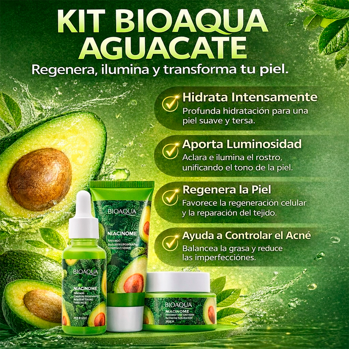 Kit Facial Aguacate BIOAQUA 6 Piezas Niacinamida Hidratante Iluminador BQY05236