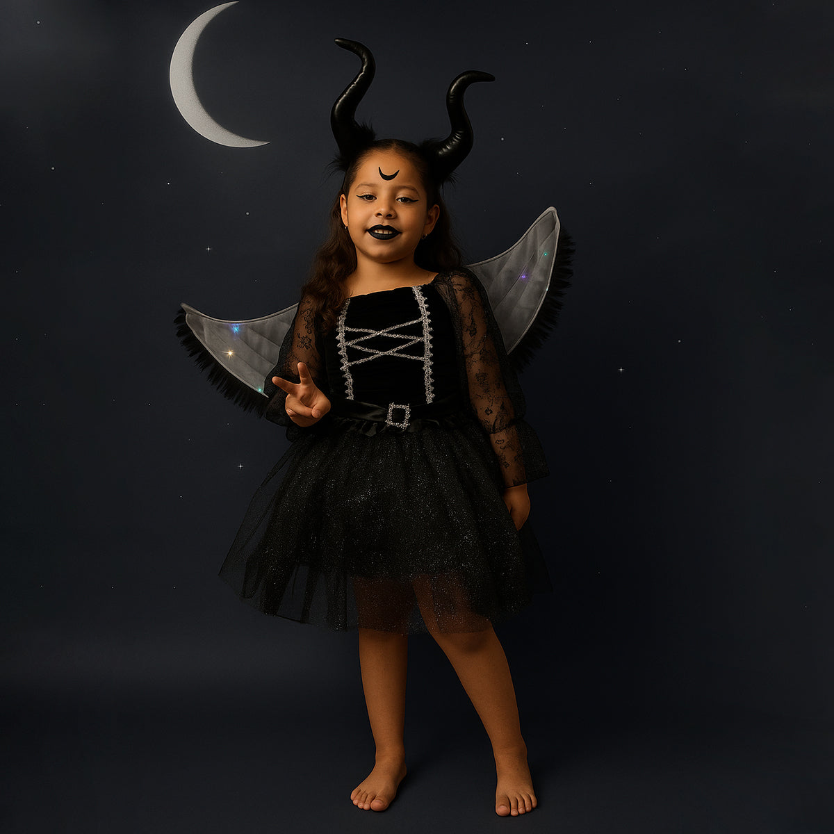 Disfraz De Ángel Oscuro Niña Con Alas Y Cuernos Demonio Negro Halloween DSANGOS