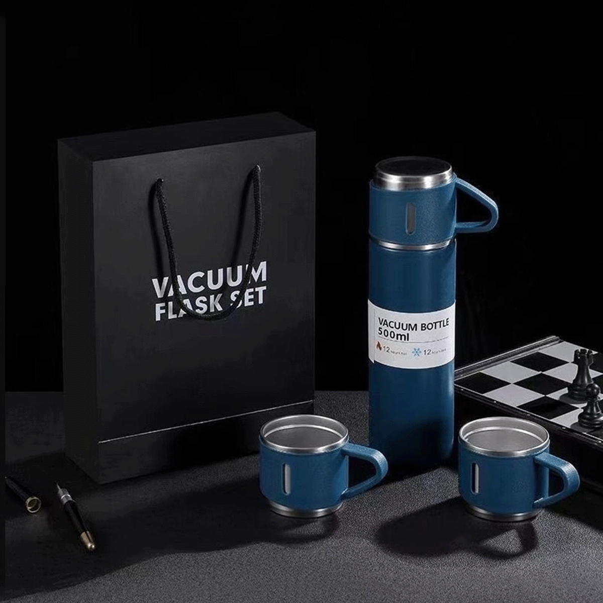 Set Termo Térmico 500ml Acero Inoxidable con 3 Tazas y Estuche NG0181
