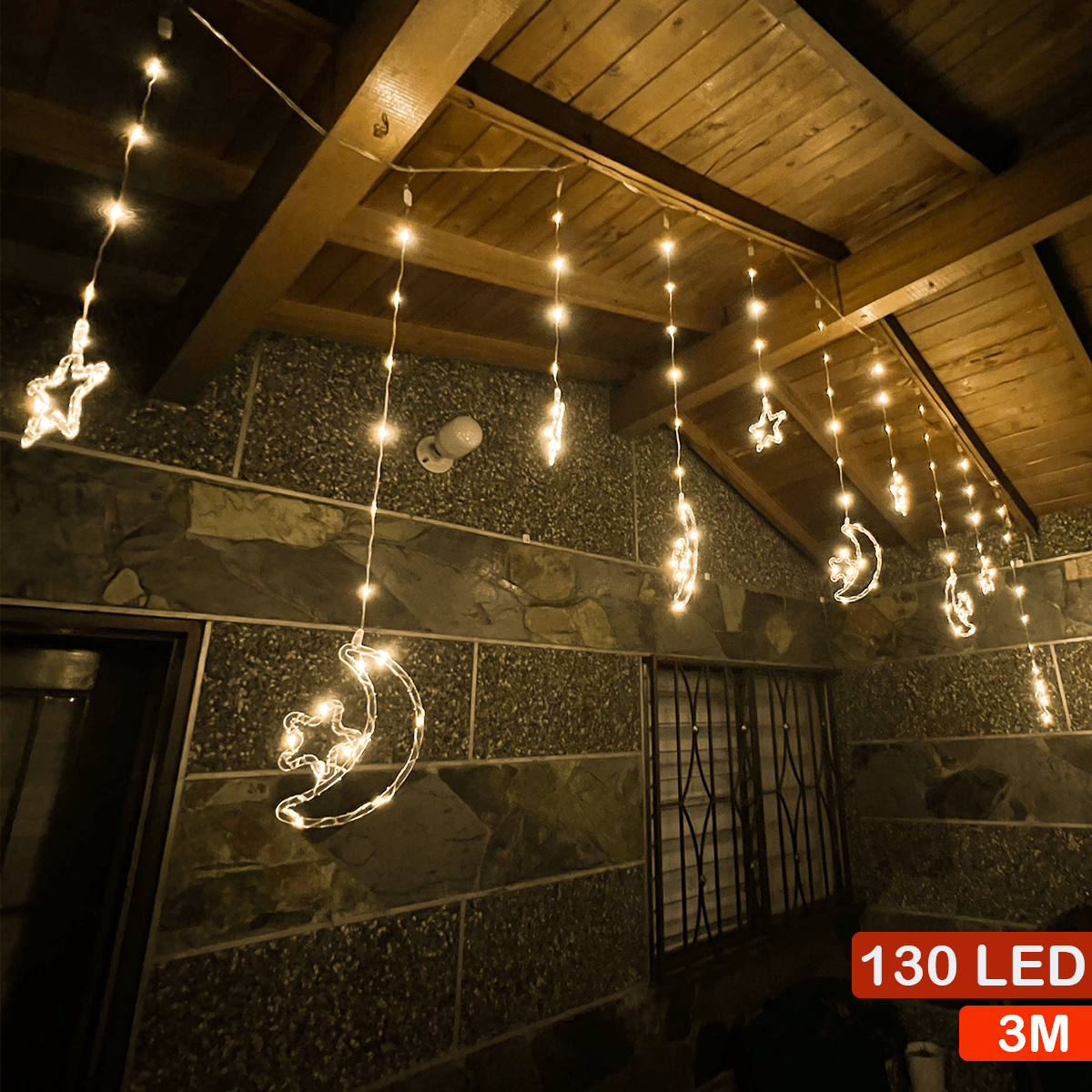 Cortina Intercalada Estrellas y Lunas 3 M x 79 CM  Luces 130 LEDS Navidad 1743