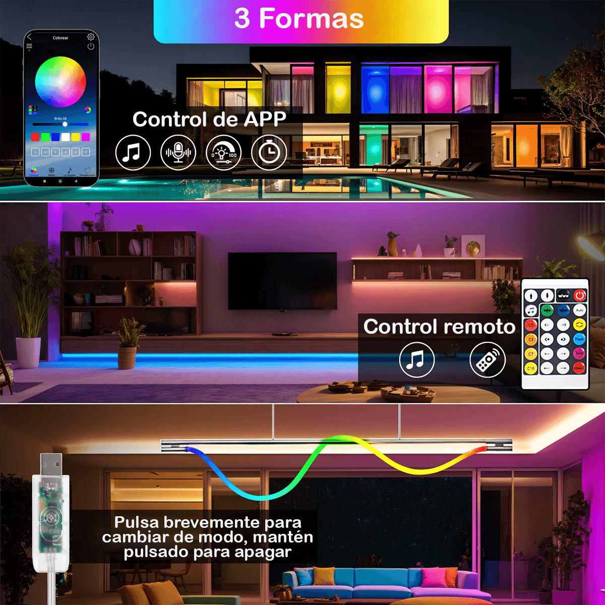 Cuerda LED RGB Inteligente Iluminación Control por App Mando USB MAC25502