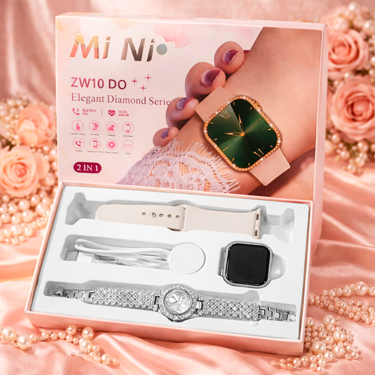 Set Relojes De Lujo 2 En 1 Diamantes Smartwatch + Reloj Analógico ZW10