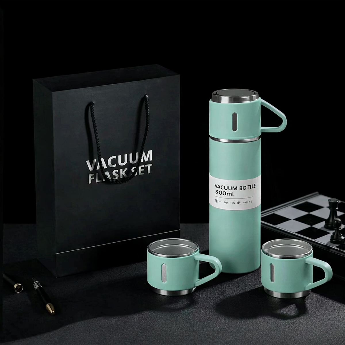 Set Termo Térmico 500ml Acero Inoxidable con 3 Tazas y Estuche NG0181