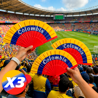 Abanico Plegable X3 Tricolor Colombia para Eventos Fútbol y Carnaval ABR02