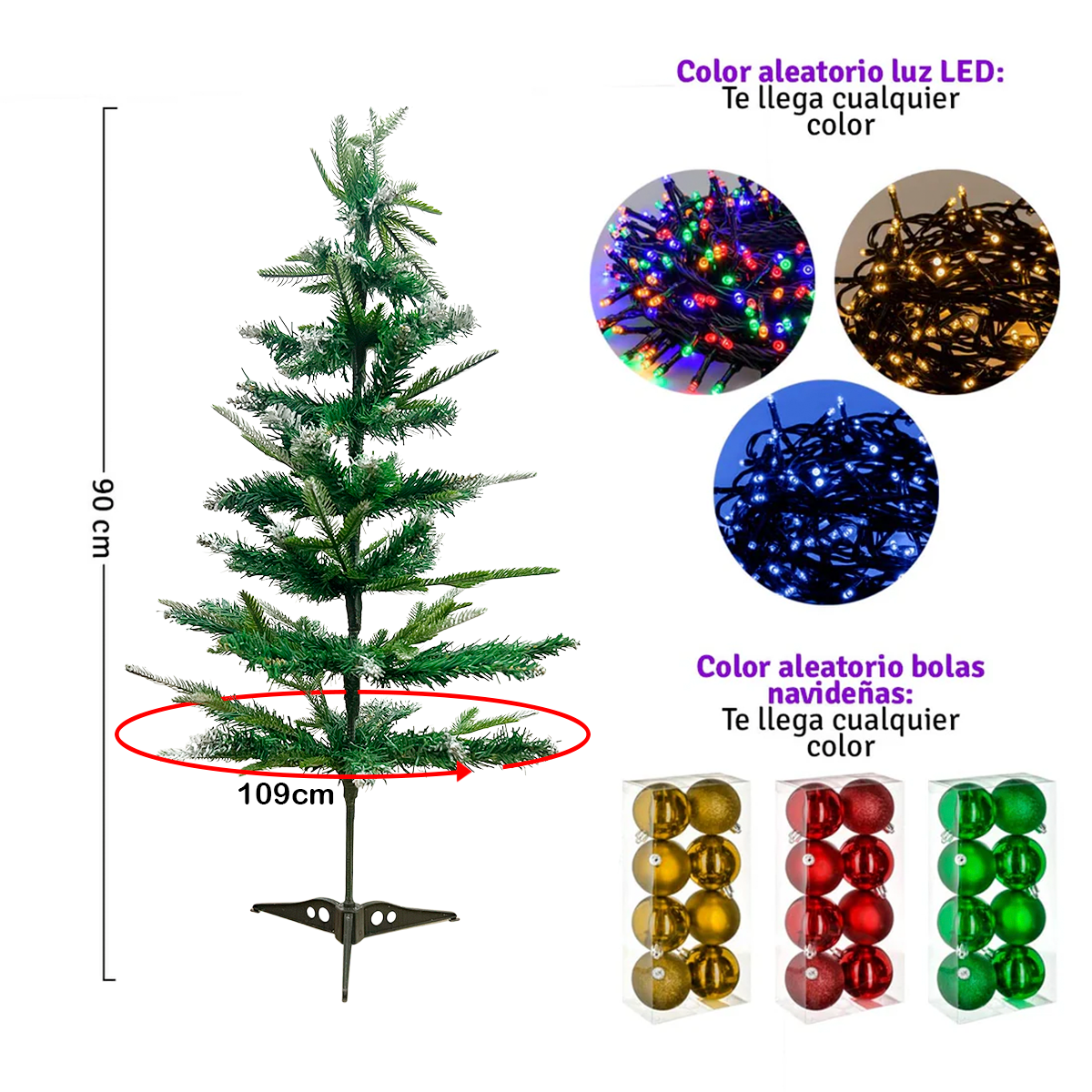 Árbol Navidad Puntas Nevado 90cm + Luces + Bolas De Regalo Decoración T90-VB2COMBO
