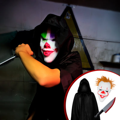 Kit Disfraz Payaso Asesino Terror con Capa, Máscara y Cuchillo para Halloween KITHALL01