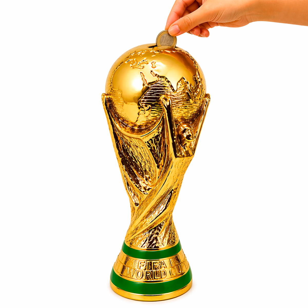 Alcancía Trofeo Copa del Mundo Dorada Grande Decoración Fútbol FTAL01