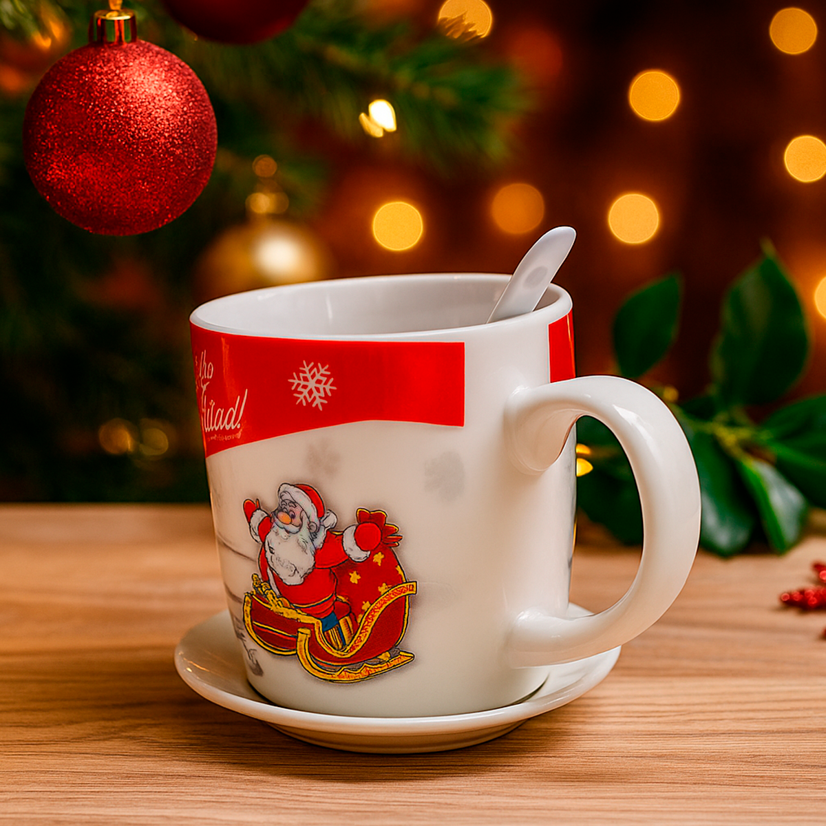 Taza Navideña con Plato y Cuchara Diseño Festivo Navidad TZM1