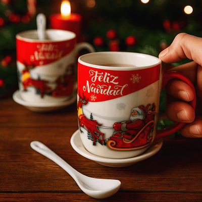 Set X2 Tazas Navideñas con Plato y Cuchara Regalo Festivo Navidad TZM2