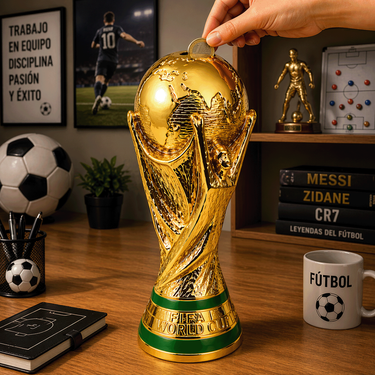 Alcancía Trofeo Copa del Mundo Dorada Grande Decoración Fútbol FTAL01