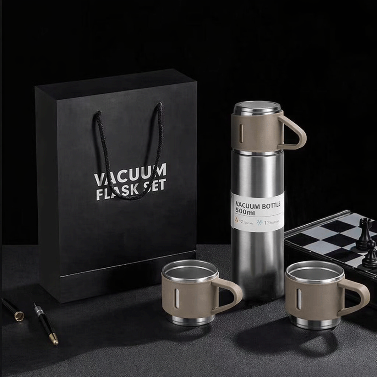 Set Termo Térmico 500ml Acero Inoxidable con 3 Tazas y Estuche NG0181