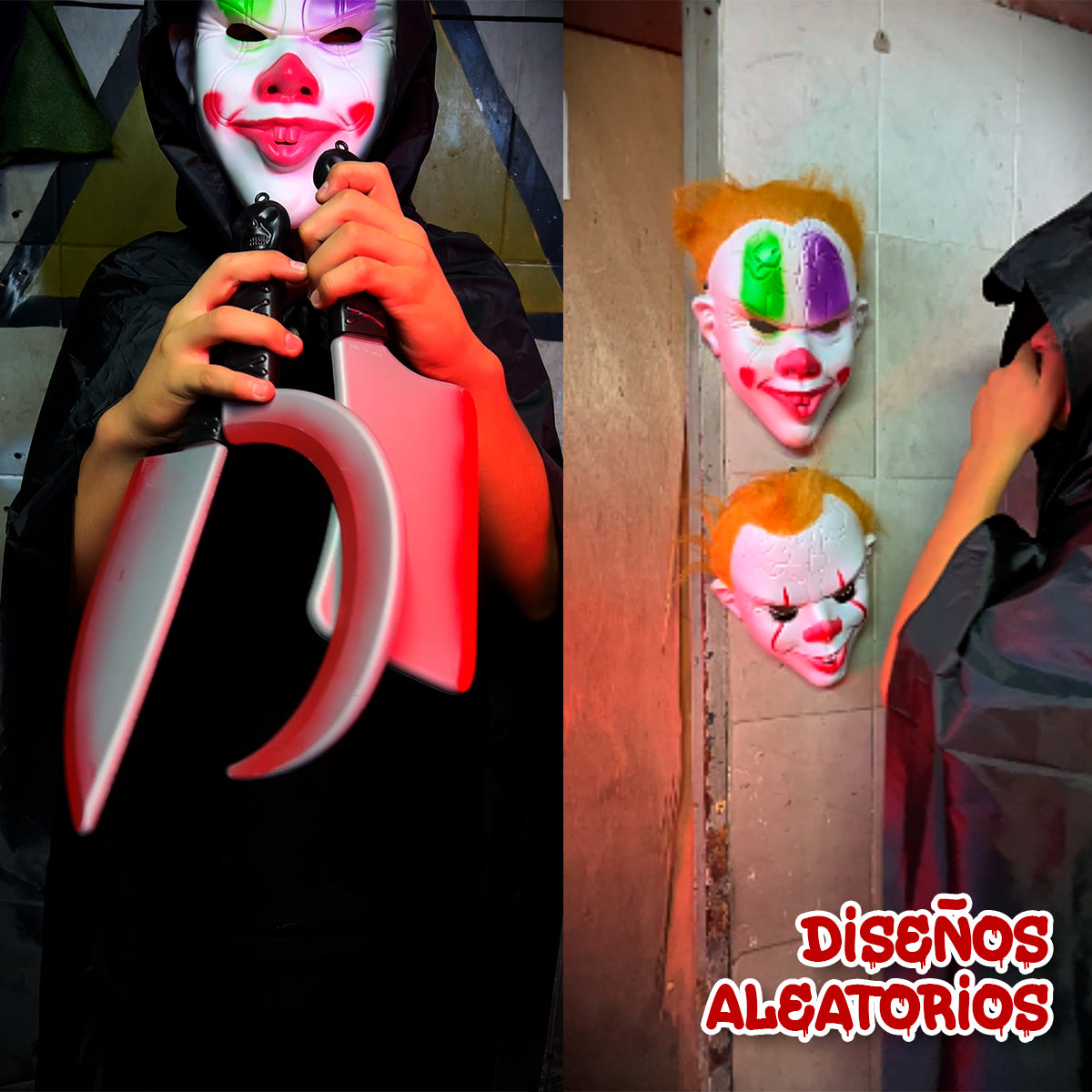 Kit Disfraz Payaso Asesino Terror con Capa, Máscara y Cuchillo para Halloween KITHALL01