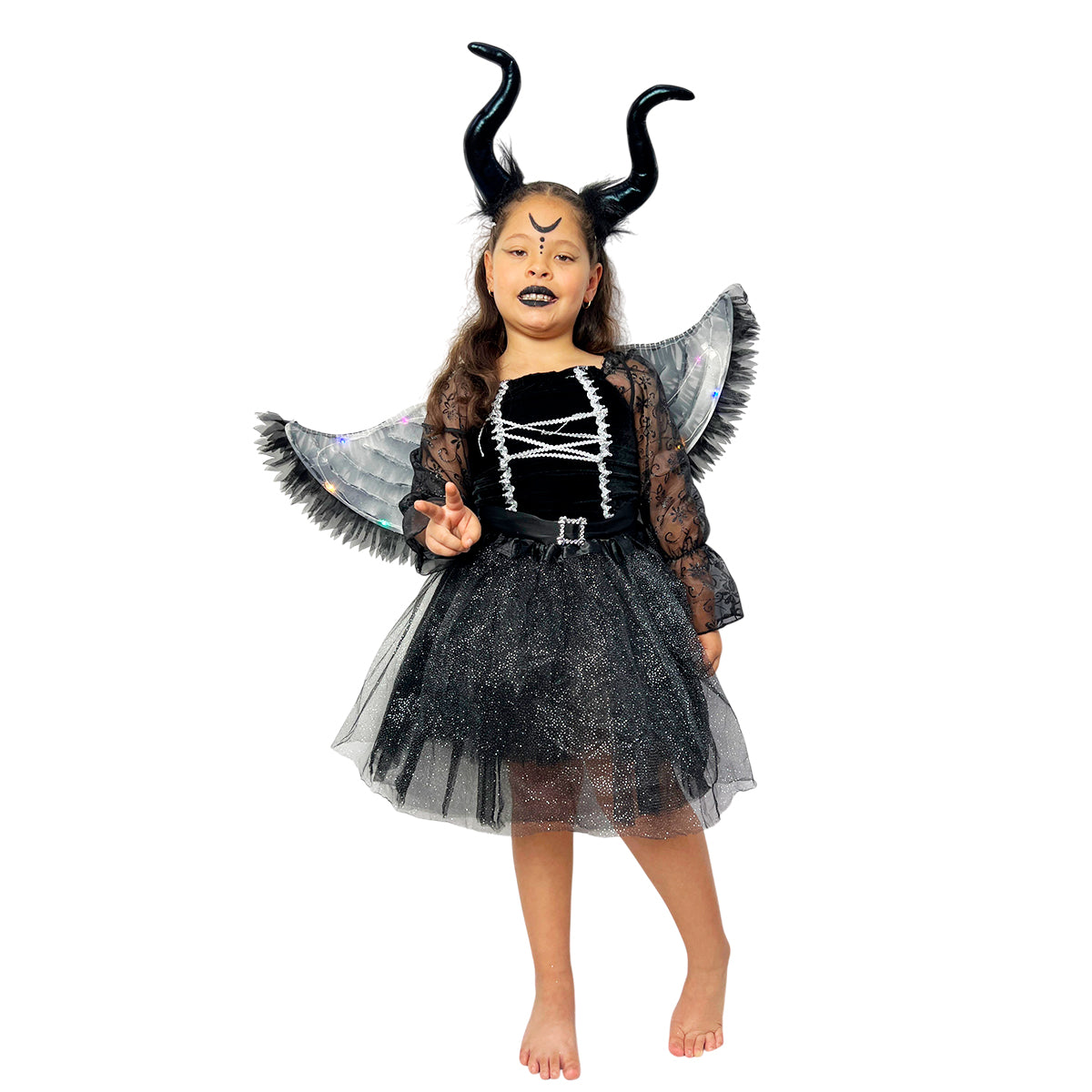 Disfraz De Ángel Oscuro Niña Con Alas Y Cuernos Demonio Negro Halloween DSANGOS