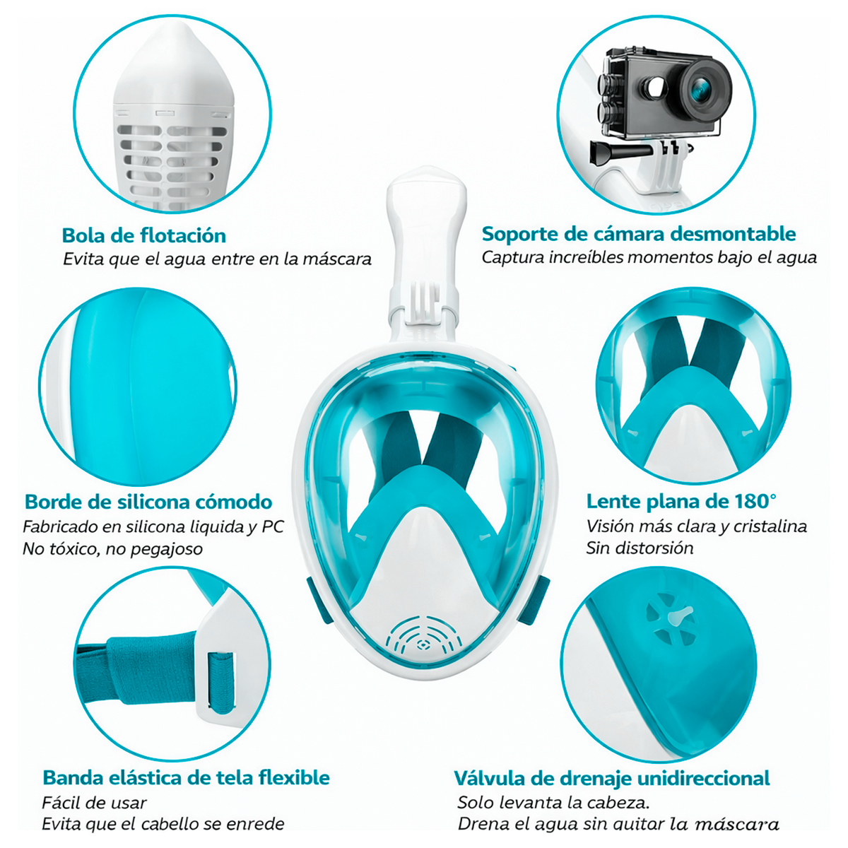 Máscara Snorkel Facial Completa 180° Soporte para Cámara Piscina Playa F-200