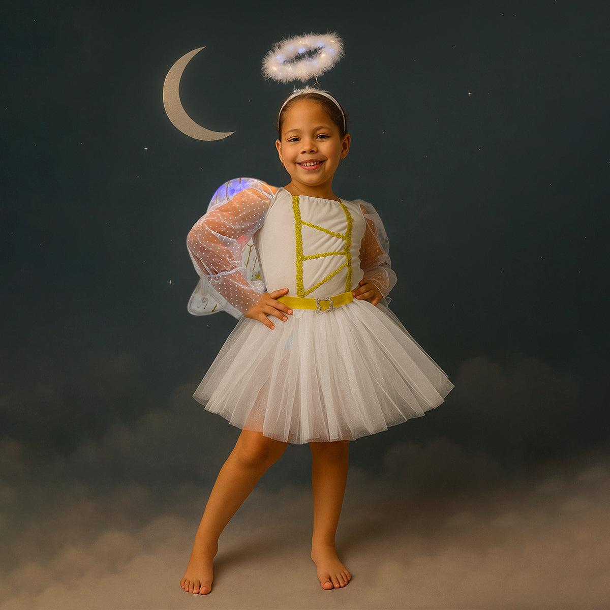 Disfraz De Ángel Blanco Con Alas Y Aureola Luces Niña Halloween DSANGBL