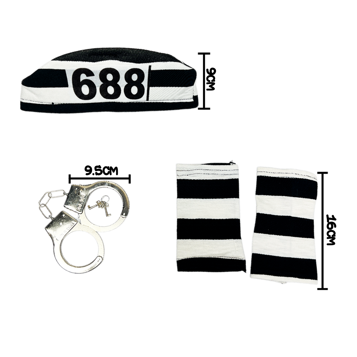 Kit Accesorios Preso Unisex Esposas Gorro y Guantes Halloween Carnaval OFKP01