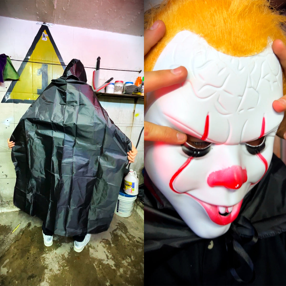 Kit Disfraz Payaso Asesino Terror con Capa, Máscara y Cuchillo para Halloween KITHALL01
