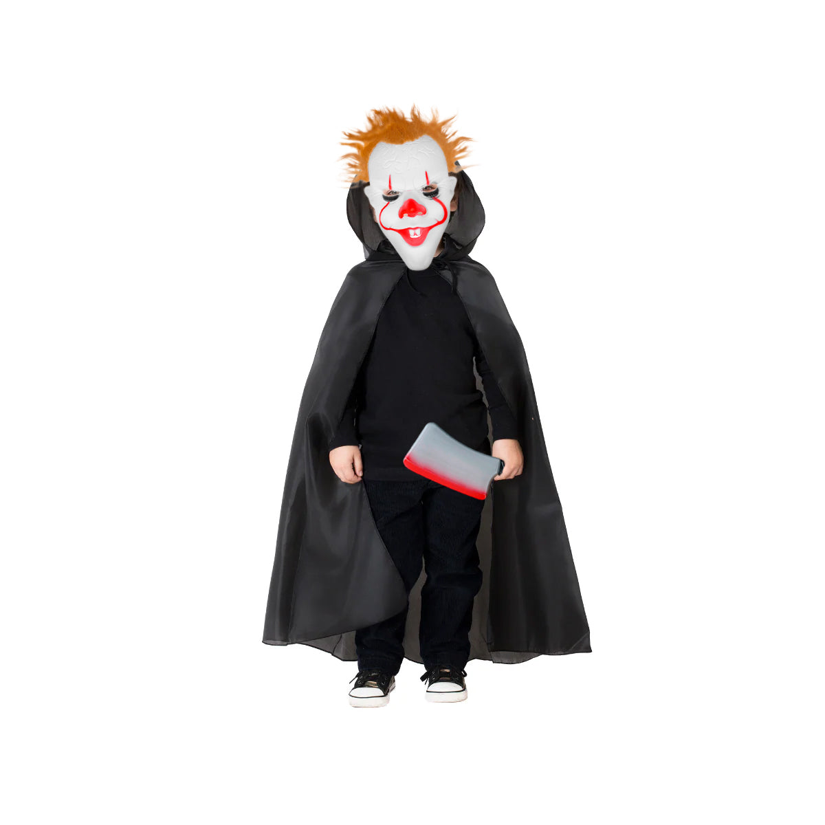 Kit Disfraz Payaso Asesino Terror con Capa, Máscara y Cuchillo para Halloween KITHALL01