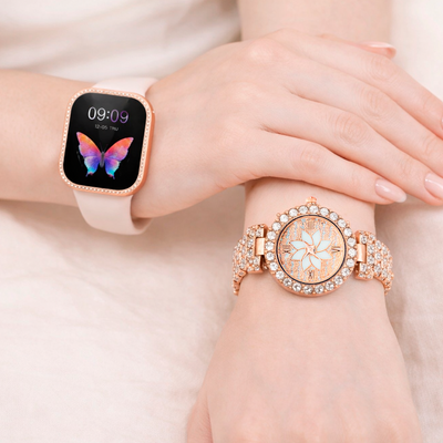 Set Relojes De Lujo 2 En 1 Diamantes Smartwatch + Reloj Analógico ZW10