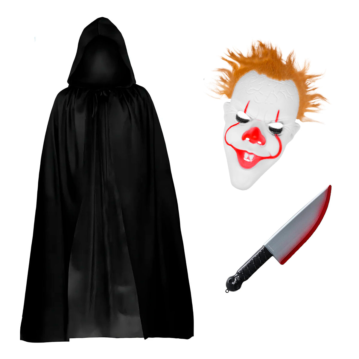 Kit Disfraz Payaso Asesino Terror con Capa, Máscara y Cuchillo para Halloween KITHALL01