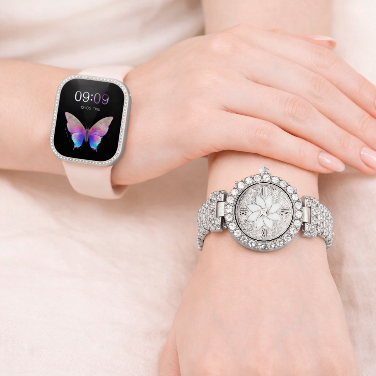 Set Relojes De Lujo 2 En 1 Diamantes Smartwatch + Reloj Analógico ZW10