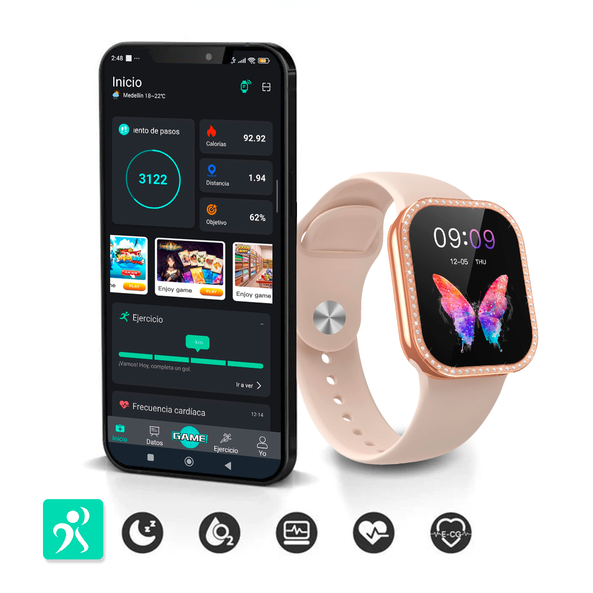 Set Relojes De Lujo 2 En 1 Diamantes Smartwatch + Reloj Analógico ZW10