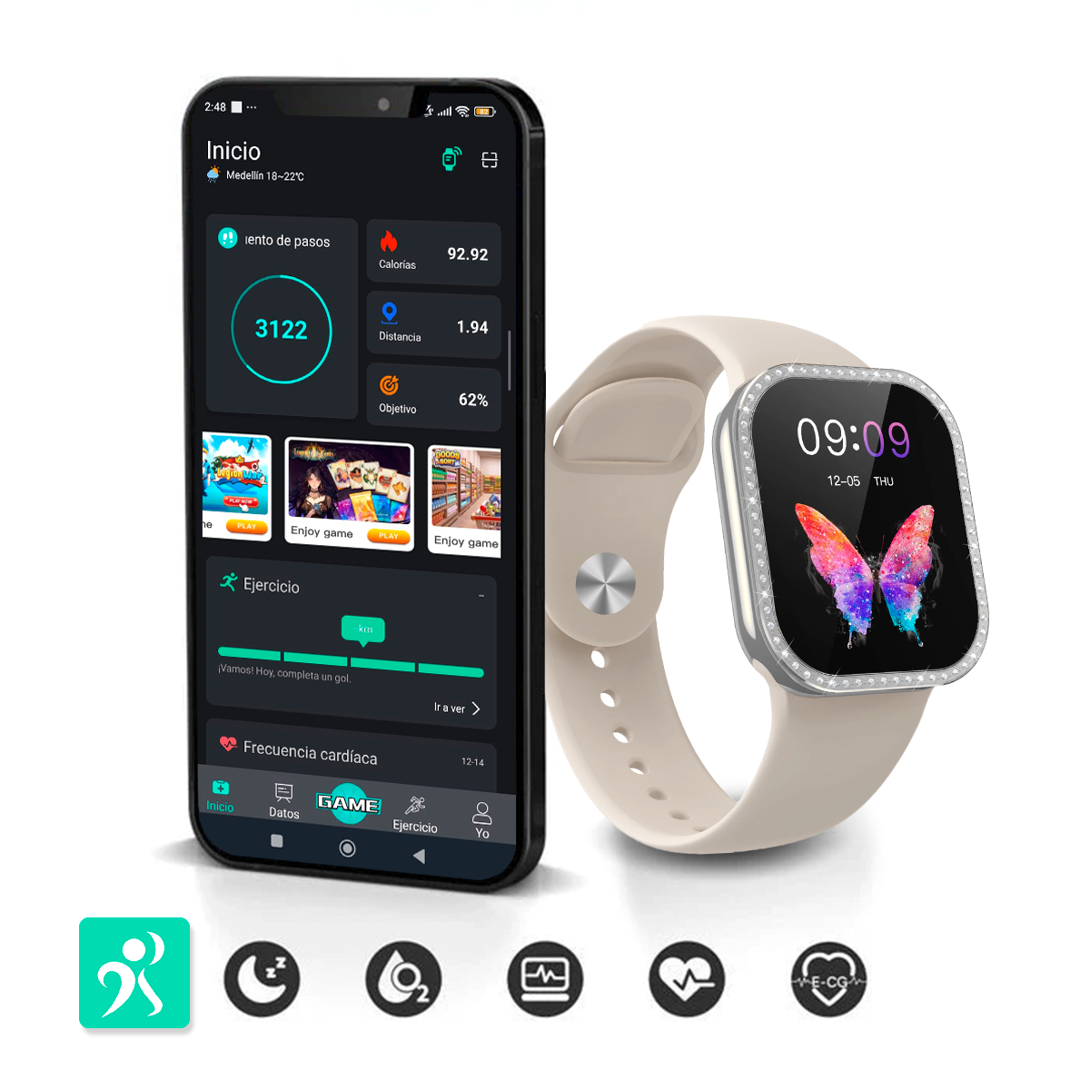 Set Relojes De Lujo 2 En 1 Diamantes Smartwatch + Reloj Analógico ZW10