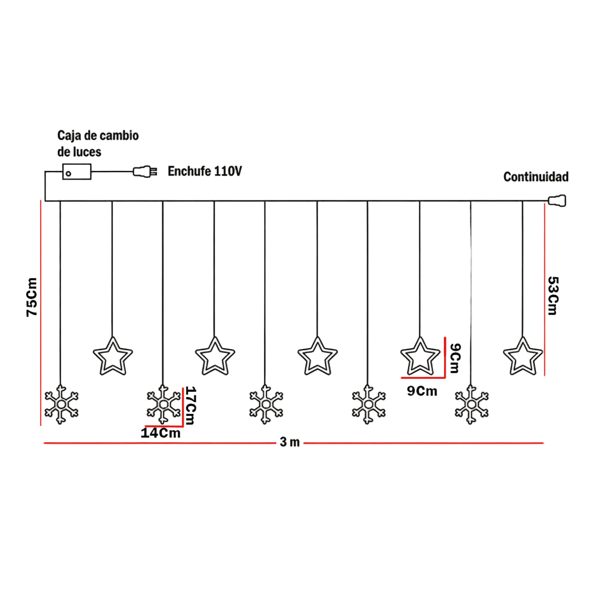 Cortina de Luces LED 3M Estrellas y Copos Intercalada 108 LED Navideña C120A-A