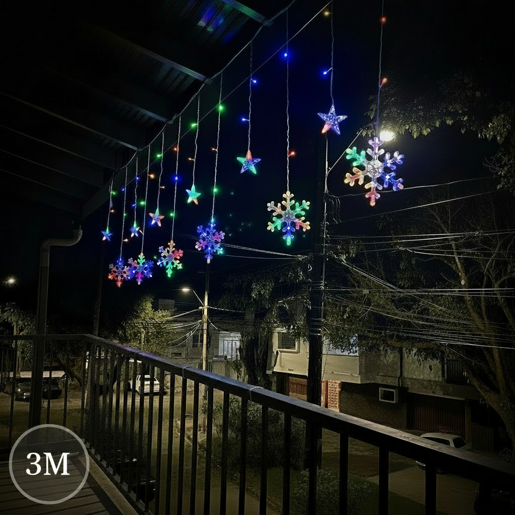 Cortina de Luces LED 3M Estrellas y Copos Intercalada 108 LED Navideña C120A-A