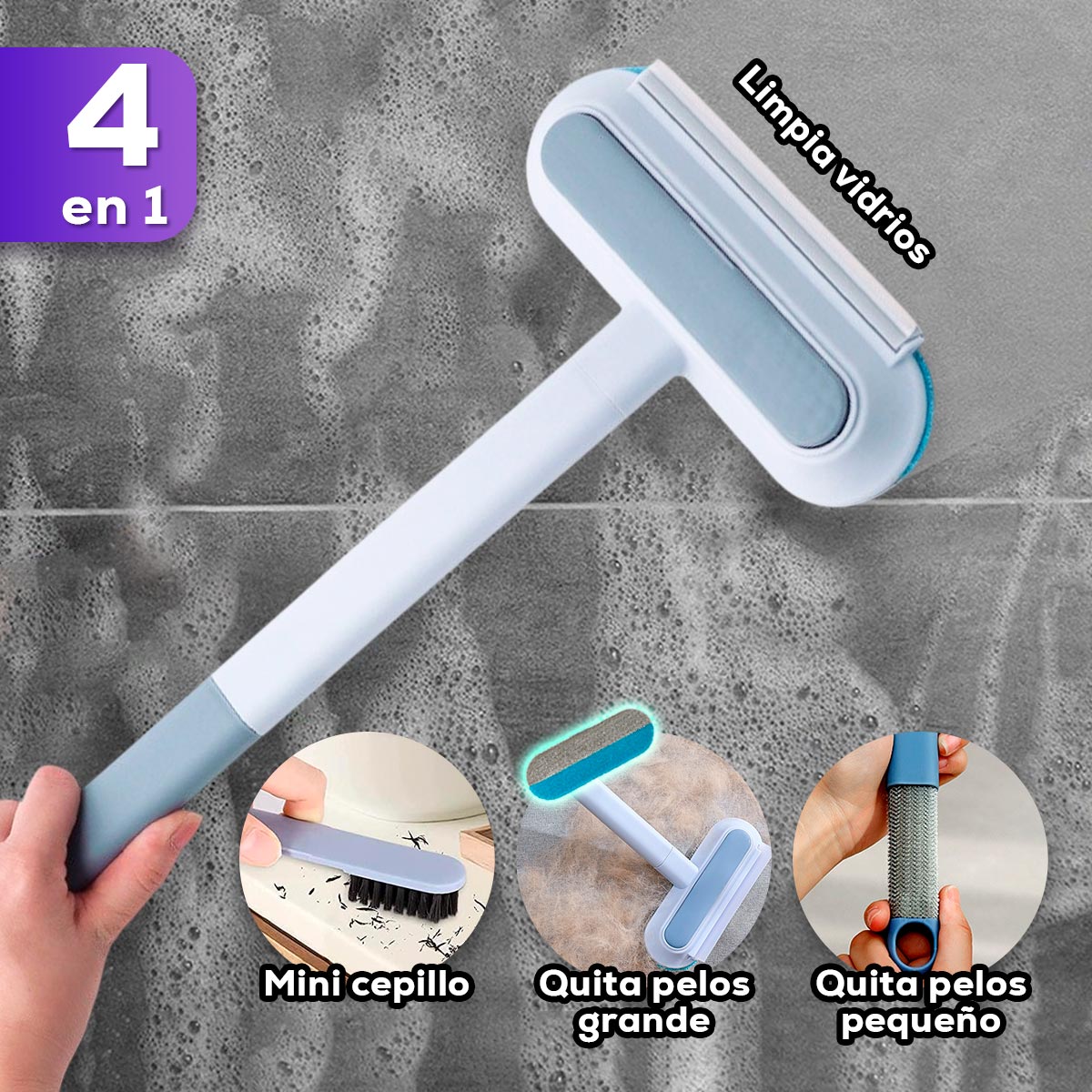 Limpiador Extensible 4 en 1 Multiusos Quita Pelos, Cepillo, Limpia Vidrios MANA-0086