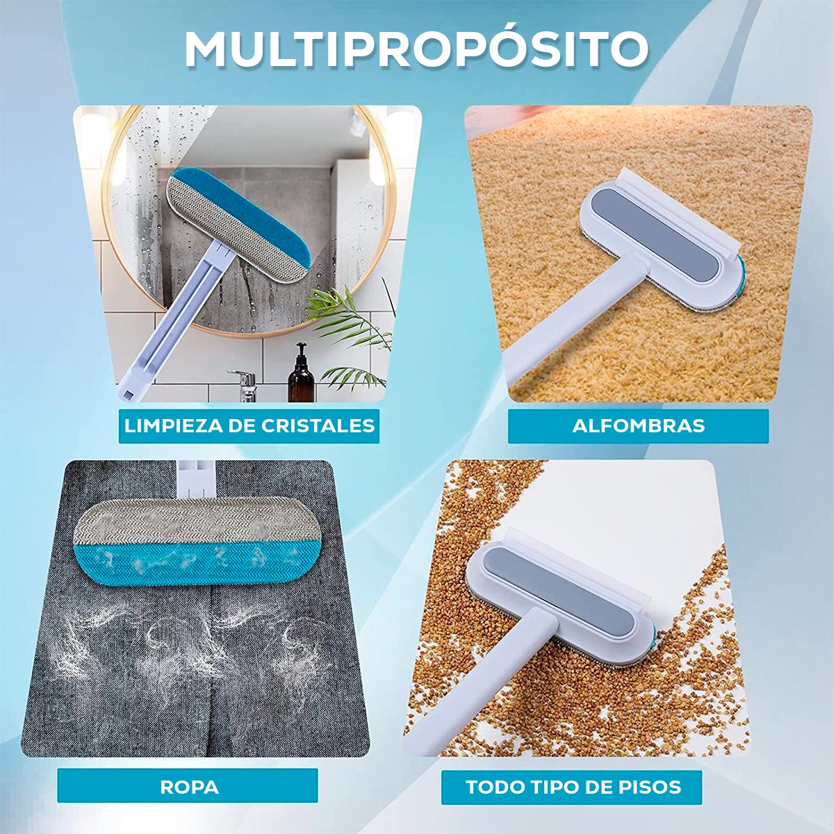 Limpiador Extensible 4 en 1 Multiusos Quita Pelos, Cepillo, Limpia Vidrios MANA-0086