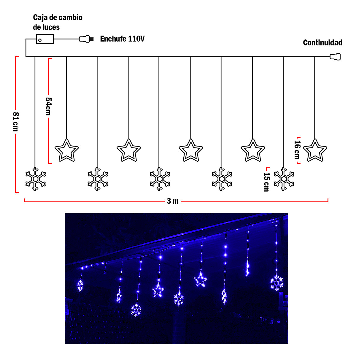 Luces Led Estrellas y Copos 260 Luces 3m Navidad Azul 1629