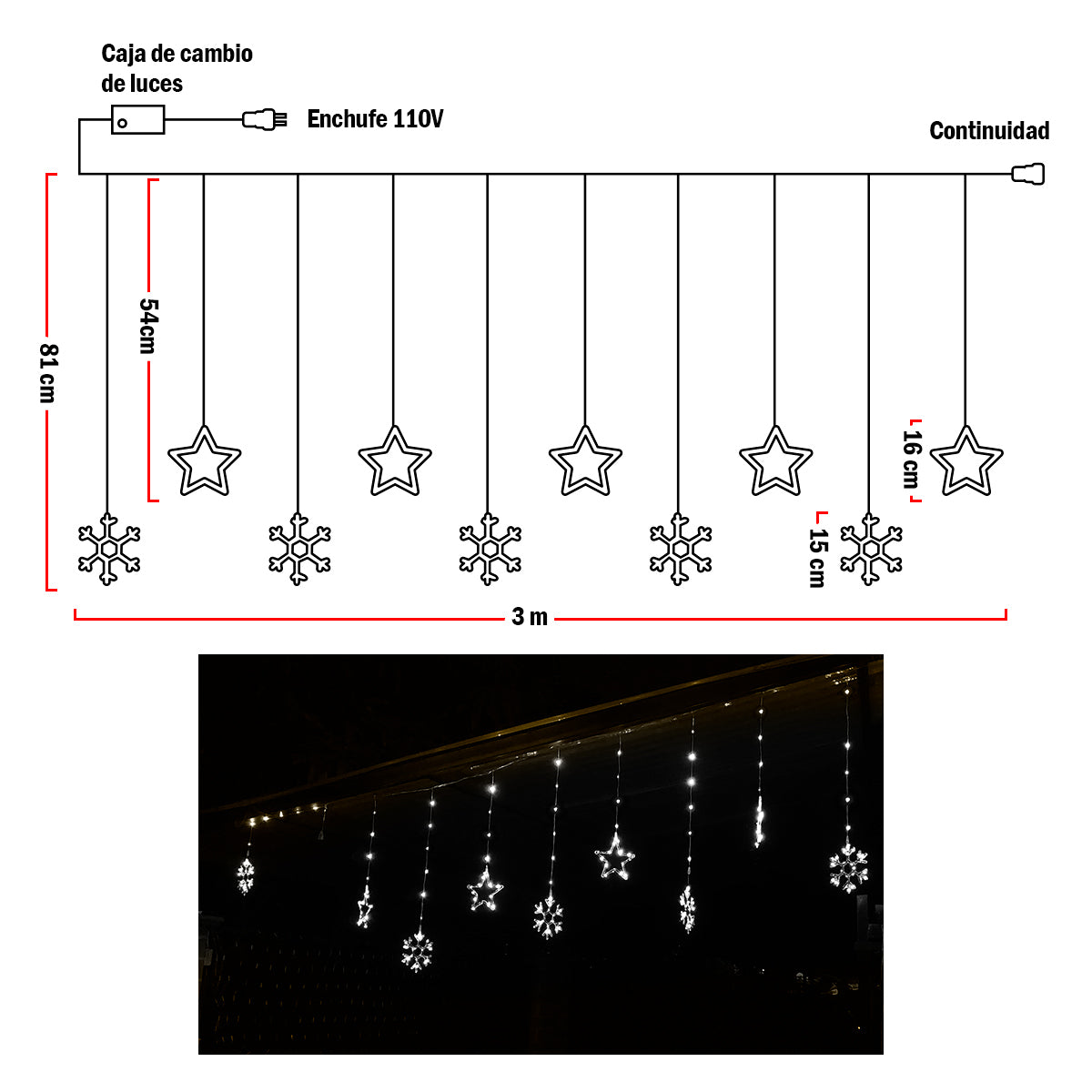 Luces Led Estrellas y Copos 260 Luces 3m Navidad Blanco 1627