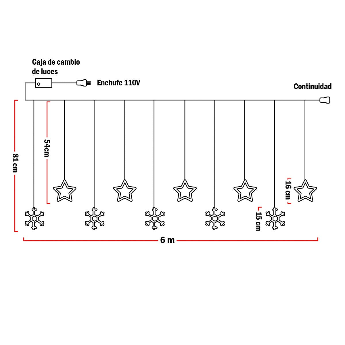 Luces Led Estrellas y Copos 470 Luces 6m Navidad 1632A