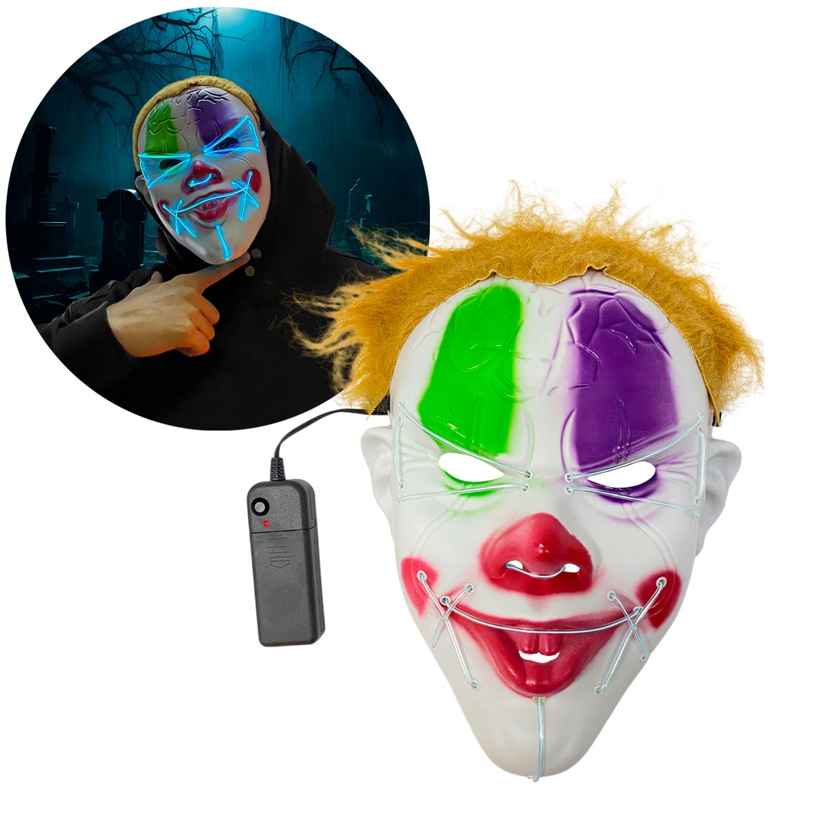 Máscara Payaso It LED Luz Neón Halloween Disfraz MSHW3LEDV2