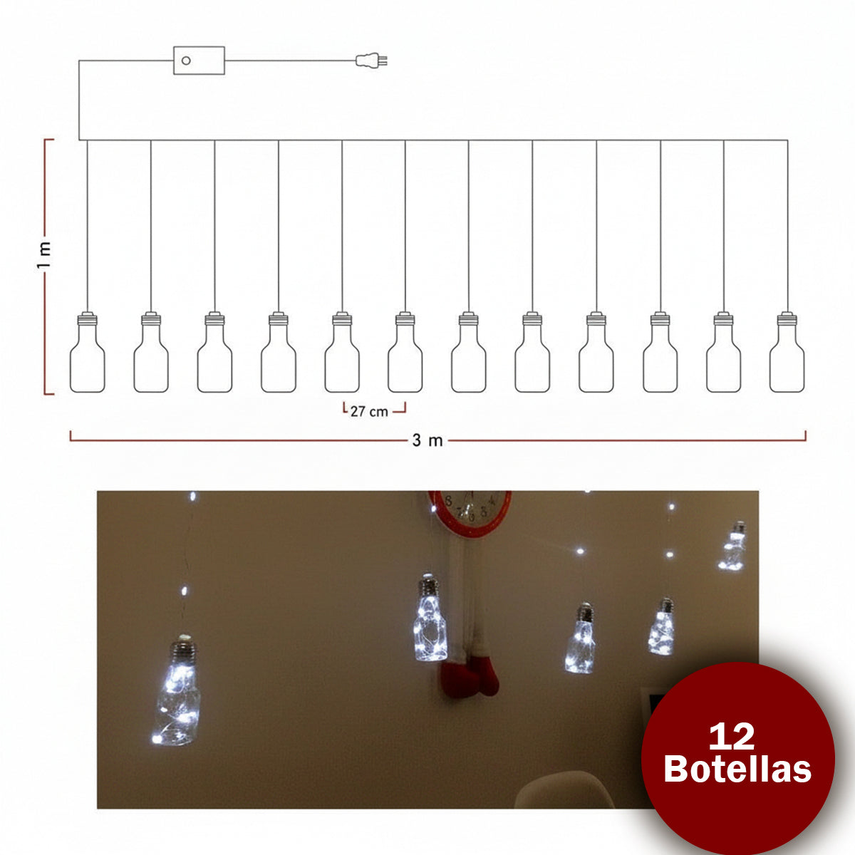 Cortina Micro LED 3 X 1 M Botellas 12 Tiras 192 Luces Blanco 1612