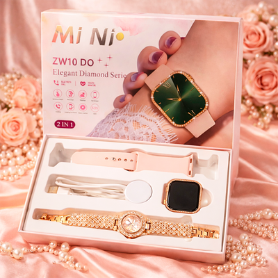 Set Relojes De Lujo 2 En 1 Diamantes Smartwatch + Reloj Analógico ZW10
