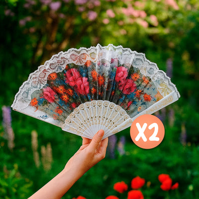 Abanico De Mano X2 Plegable Encaje Flores GM2024-340