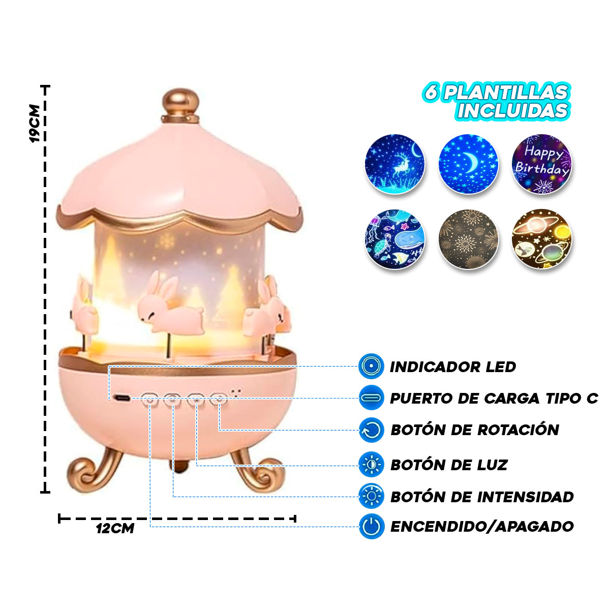 Lámpara Infantil Proyector 360° Conejitos Luz Nocturna Giratoria Con 6 Plantillas PTZ-17-6