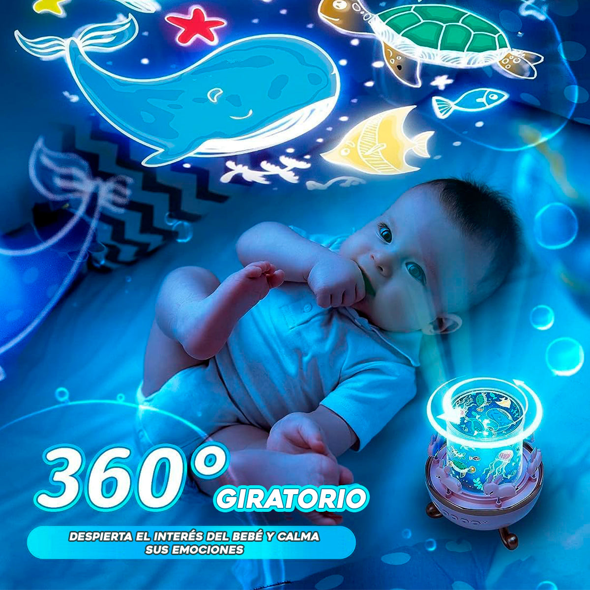 Lámpara Infantil Proyector 360° Conejitos Luz Nocturna Giratoria Con 6 Plantillas PTZ-17-6