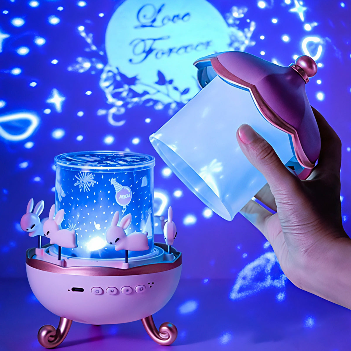 Lámpara Infantil Proyector 360° Conejitos Luz Nocturna Giratoria Con 6 Plantillas PTZ-17-6