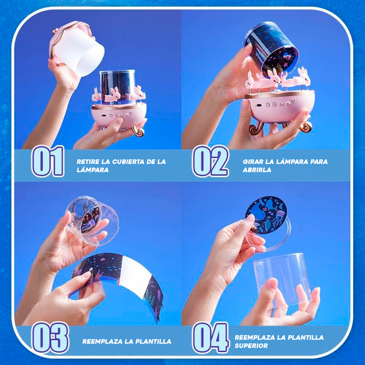 Lámpara Infantil Proyector 360° Conejitos Luz Nocturna Giratoria Con 6 Plantillas PTZ-17-6