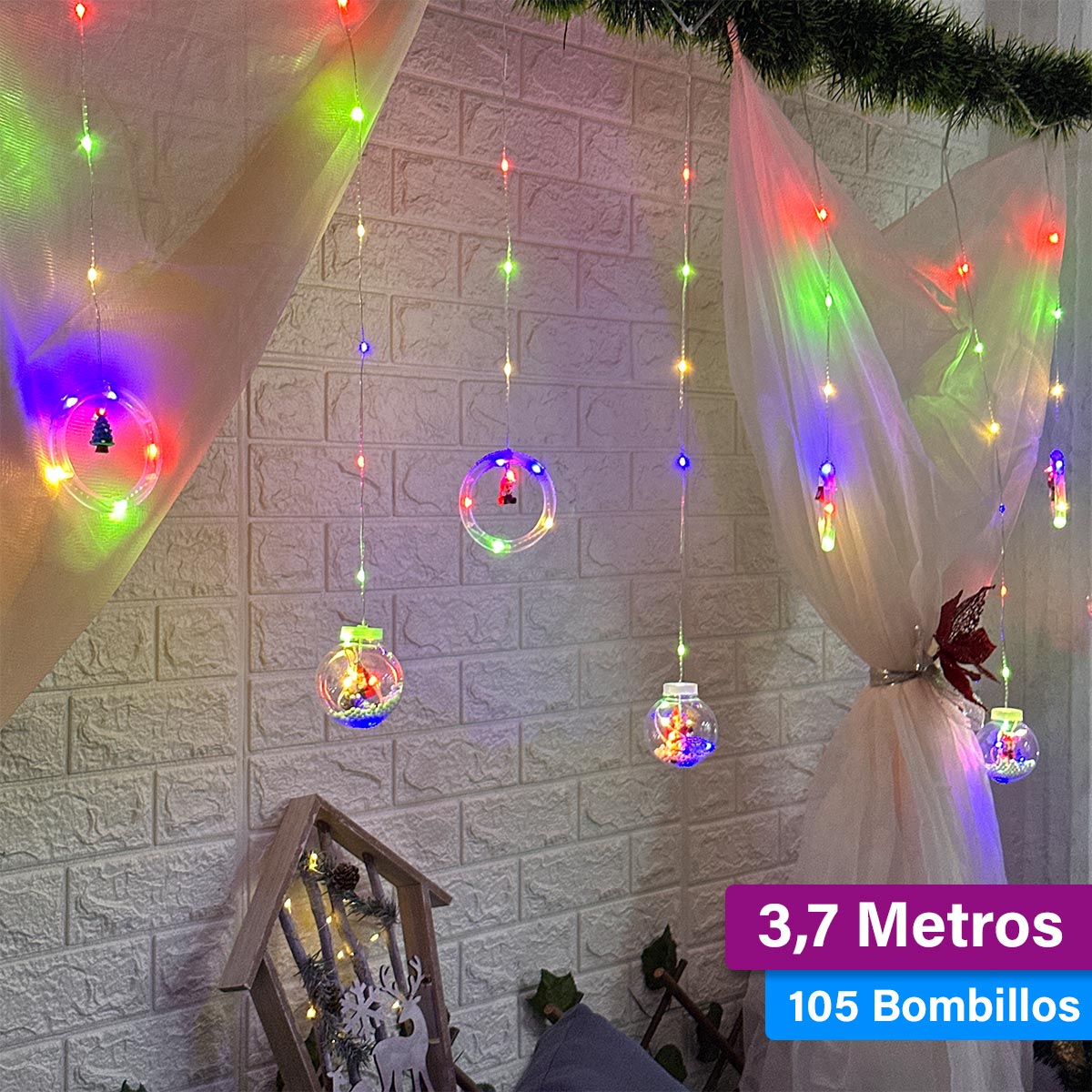 Cortina Intercalada Aros y Esferas 3,7M Luces Led Navidad 1650A