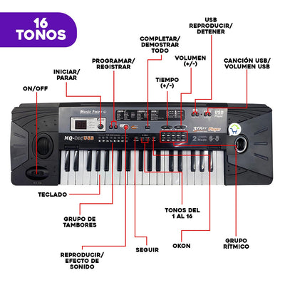 Piano Musical Digital 37 Teclas +Con Micrófono MP3 MQ805USB